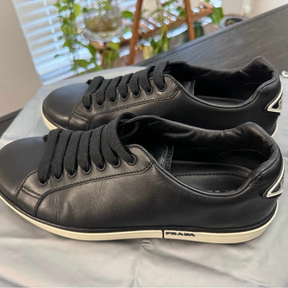 Prada Black Leather Low-Top Sneakers with Cream Sole - Picture 5 of 10